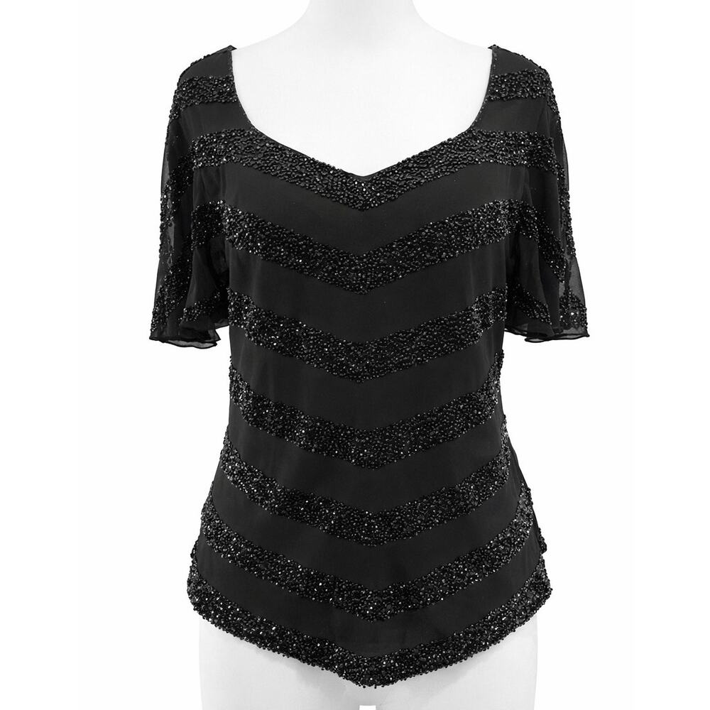J Kara Black Beaded Top Vintage Sheer Sleeve Evening Party Blouse Glam size m